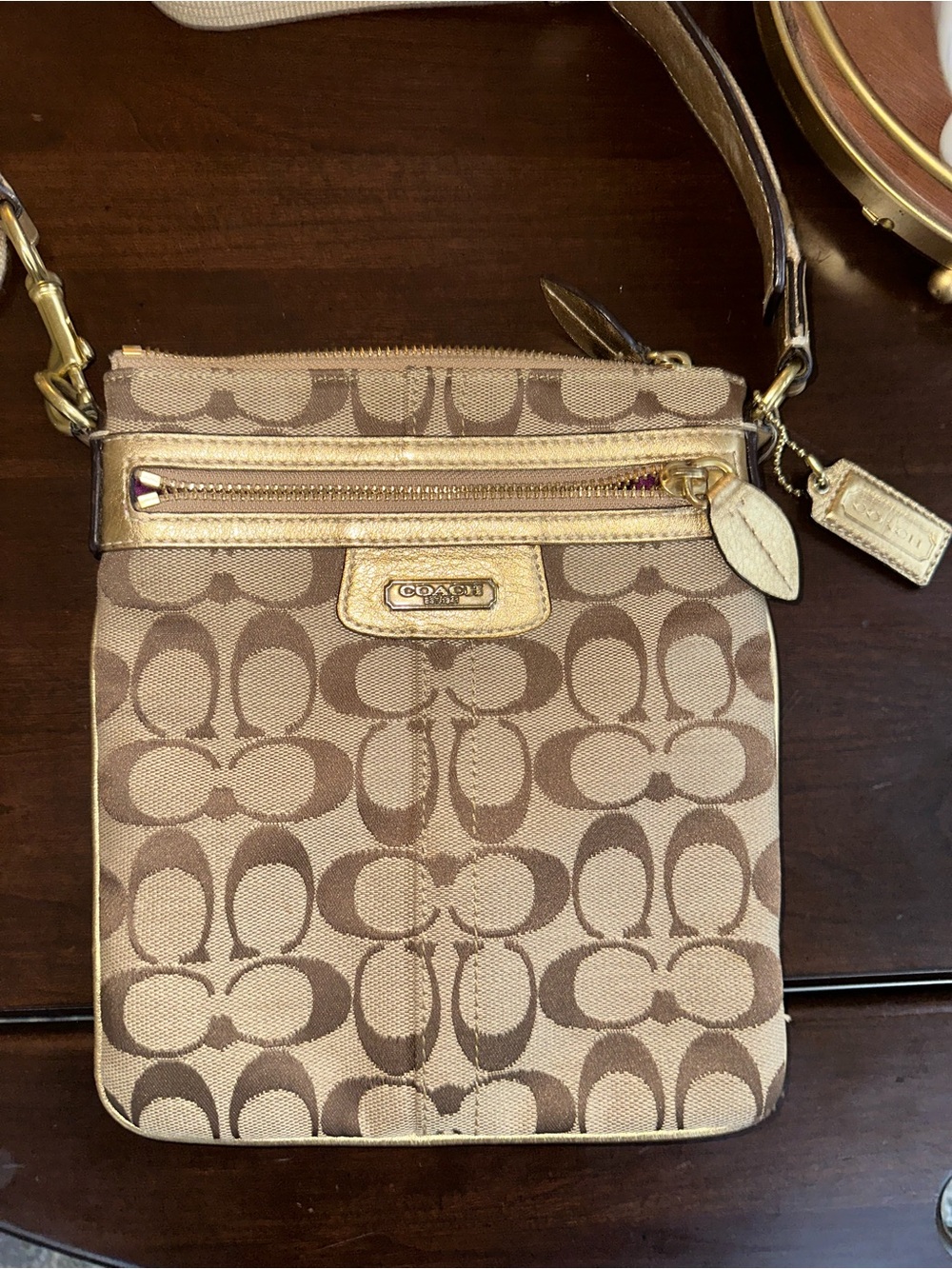 Coach Brown & Cream Signature Crossbody with Gold Trim
